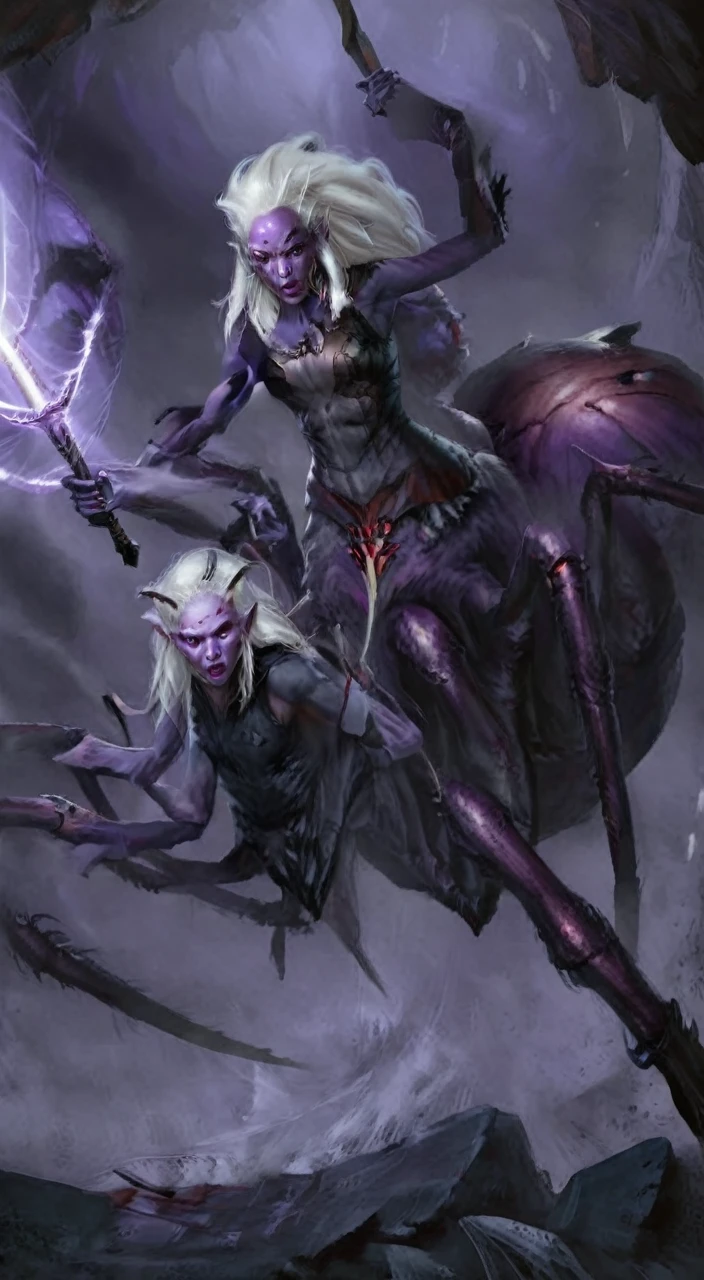 closeup, portrait, fantasy 4r4chn1d woman, detailed face, concept art, digital art, realistic, closeup, solo, warrior, arachnid, angry, evil, monster face, creature face, character focus, White hair, purple skin, long hair,spear,crystal, combat stance, attacking, fearsome