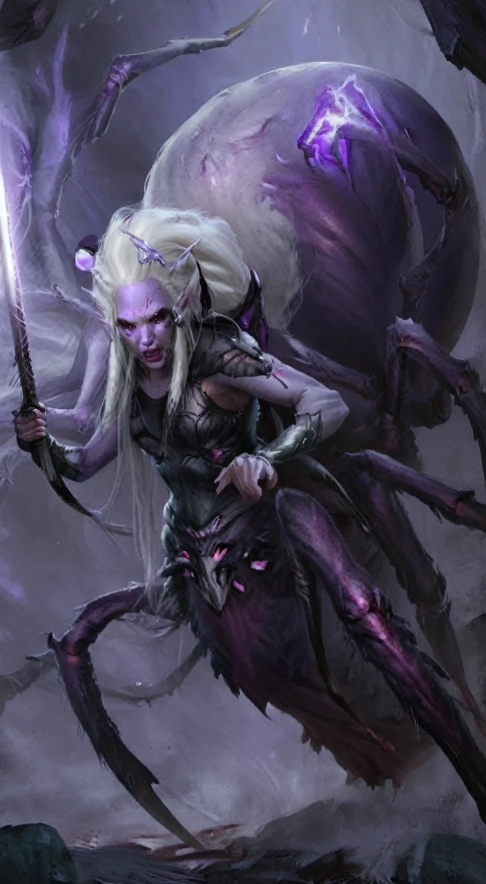 closeup, portrait, fantasy 4r4chn1d woman, detailed face, concept art, digital art, realistic, closeup, solo, warrior, arachnid, angry, evil, monster face, creature face, character focus, White hair, purple skin, long hair,spear,crystal, combat stance, attacking, fearsome