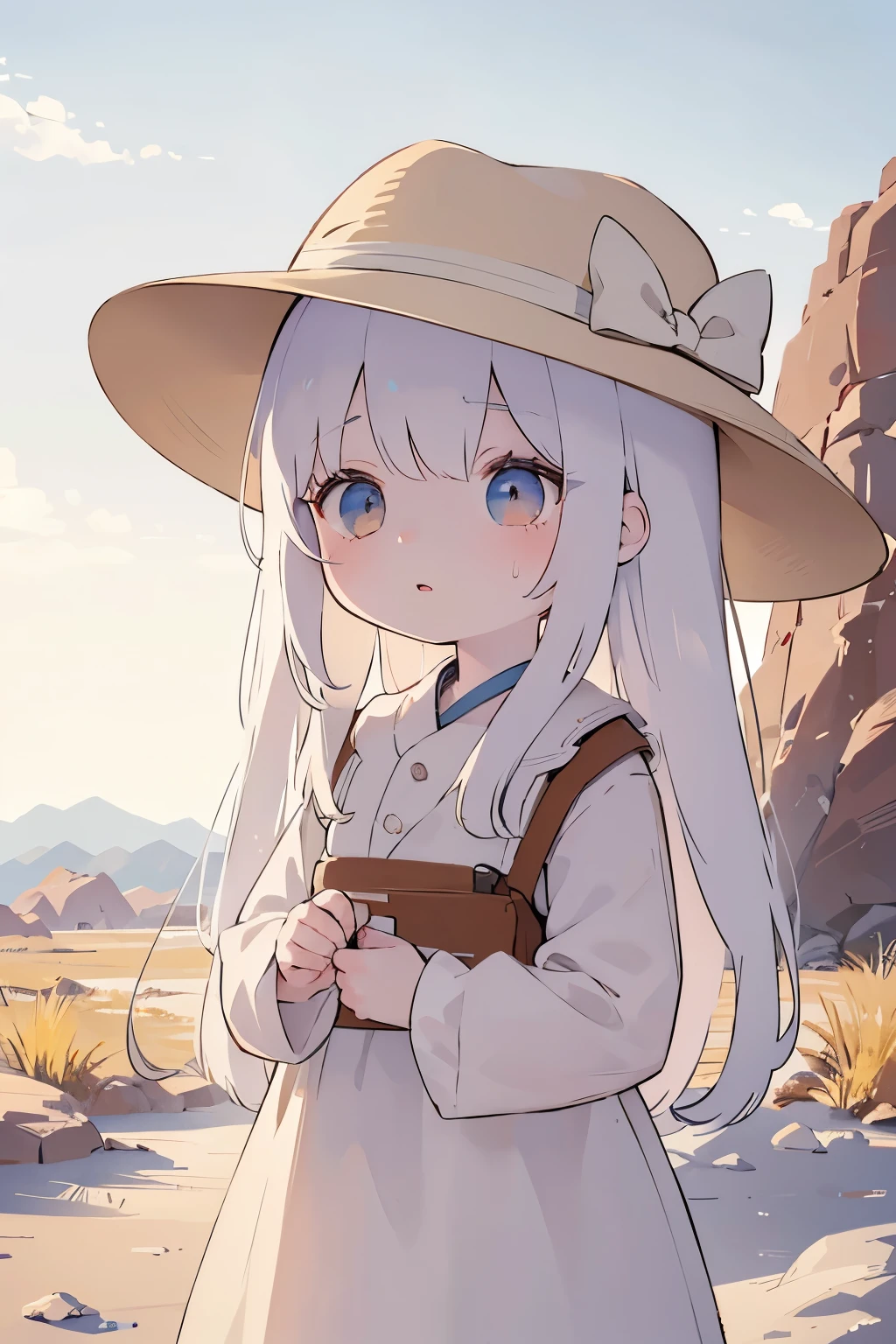 Chibi Girl、Walking along a straight road in Valley of Fire State Park、hat、Sweat、heat haze、No green、I can see a big rock mountain、Very detailed、Ultra-realistic、Photorealistic、8K、Hyperrealistic、masterpiece、Beautiful detailed eyes、Beautiful detailed lips、Very detailedな顔、Long eyelashes、Beautiful young girl、Calm expression、Warm colors、Beautiful lighting、Cinematic、Intricate details、Bright colors、Soft Focus、Depth of written boundary