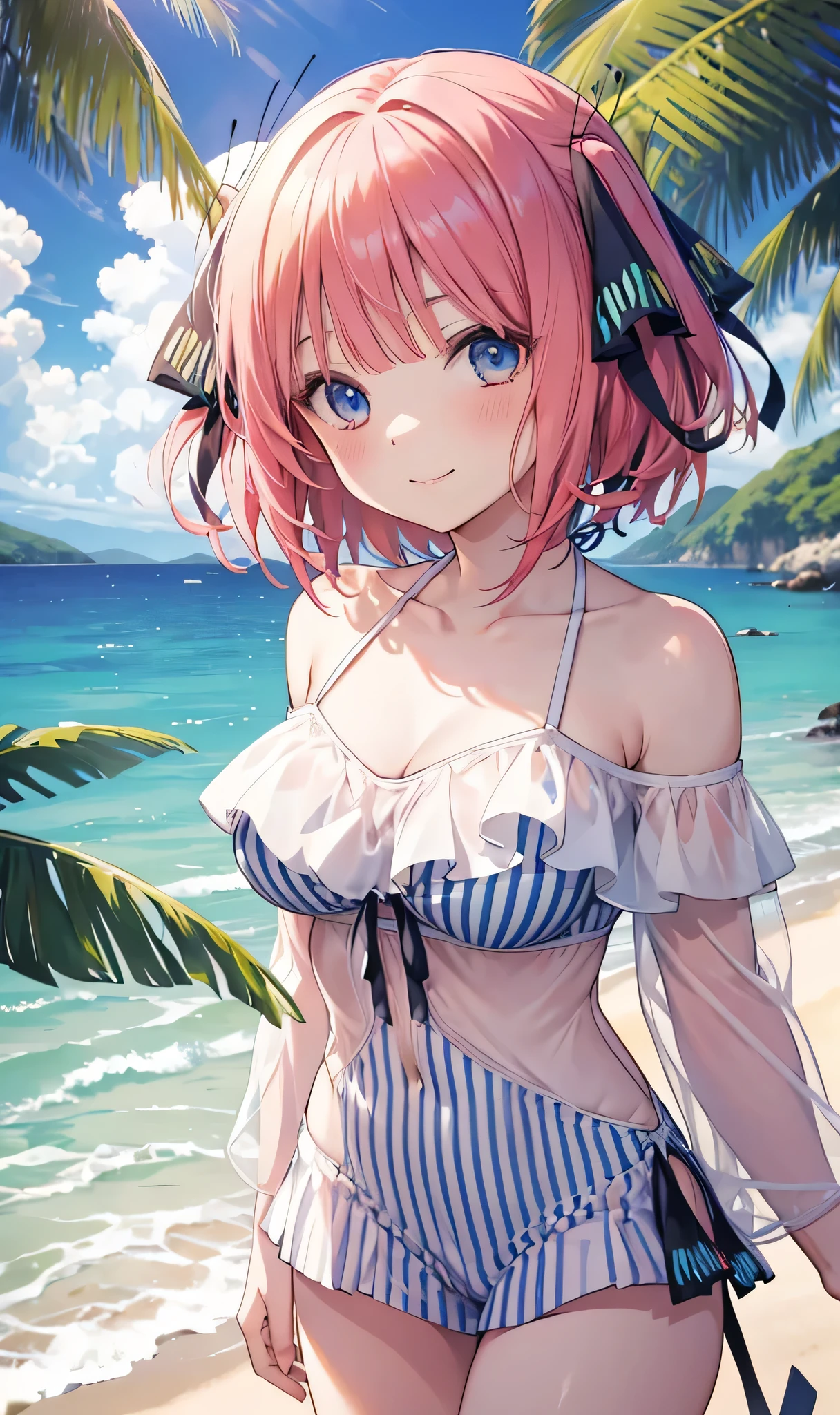Nino Nakano is a character that appears in the anime "The Quintessential Quintuplets" 「The background is a sunny day at the sandy beach...」The eyes of this character are blue. My hairstyle is a bob cut with shockingpink color. This character is wearing a butterfly hair accessory. Please focus on this character. This character has a very lovely smile.high Quality. .. masterpiece,best quality,ultra detailed, My breast size is D cup. The background is a sunny day at the sandy beach. This character is wearing an off shoulder bikini. The off shoulder bikini has a pattern of Blue and White stripes.