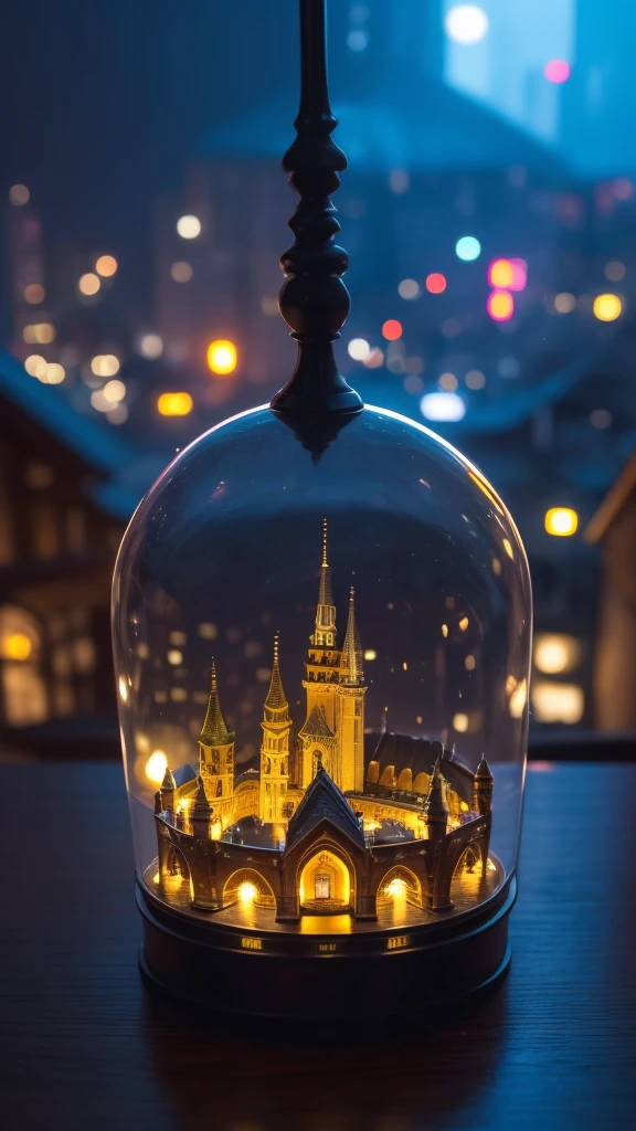 Glass dome, a woman holding it, illuminated mini fantasy city, light behind the woman, against light, hyper details, maximum resolution 32k ultra, UHD, masterpiece, exaggerated lights, Mini fantasy city, art style,
