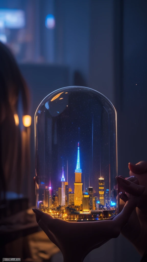 Glass dome, a woman holding it, illuminated mini fantasy city, light behind the woman, against light, hyper details, maximum resolution 32k ultra, UHD, masterpiece, exaggerated lights, Mini fantasy city, art style,