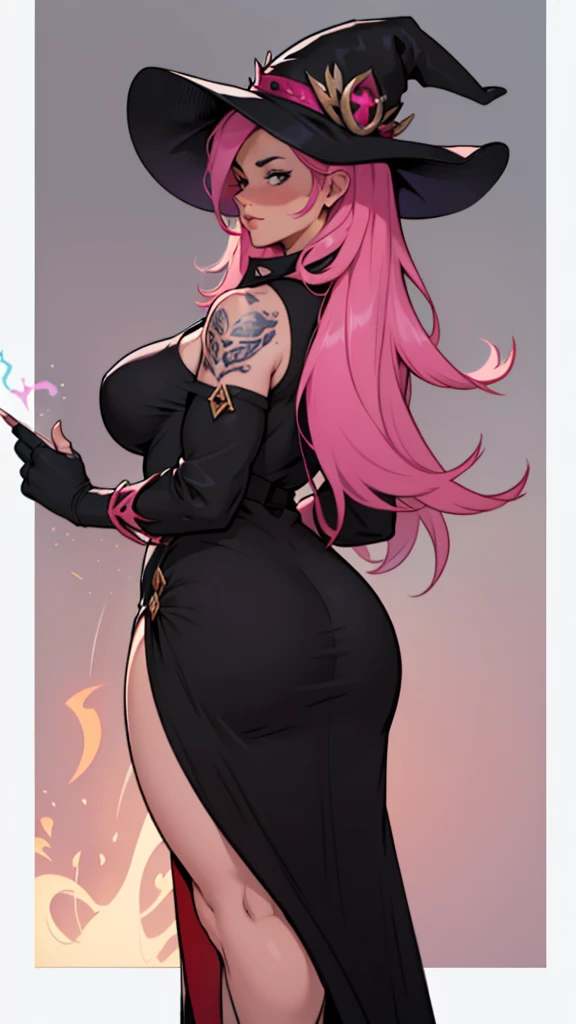 older woman, in their 30s, with long pink hair and tall, curvy body seen from behind, standing backwards, breasts big, Breasts huge, (work of art, best qualityer:1.2) wearing the legendary great black dress of the mystical sorceress, Big witch hat, standing alone, alone, cybernetic tattoo, pink massive hair
