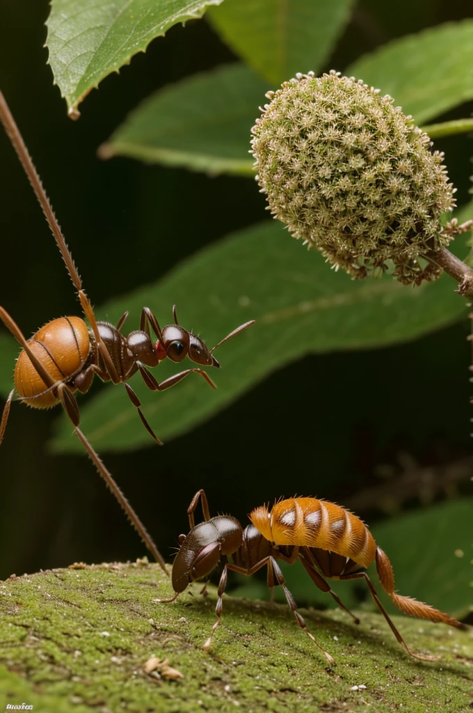 Show Annie, a small ant, busily collecting food like grains and seeds in a lush green forest.