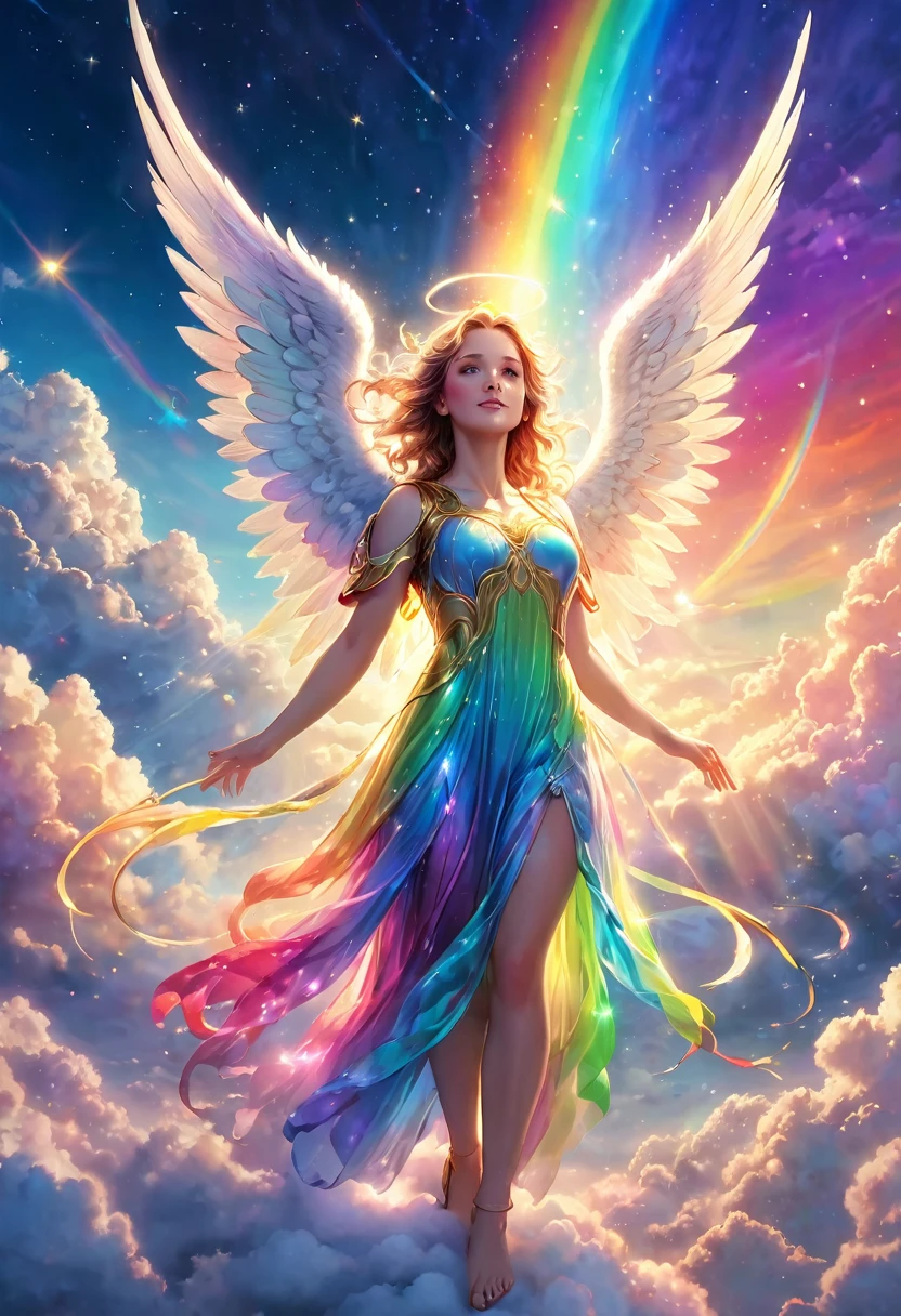 A beautiful angel, surrounded by rainbow-colored light, above the clouds, with a shooting star in the sky, detailed face and body, ethereal, glowing, cinematic lighting, vibrant colors, (best quality,8k,highres,masterpiece:1.2),ultra-detailed,(realistic,photorealistic,photo-realistic:1.37),fantasy,digital painting,dramatic lighting,volumetric lighting,cinematic composition