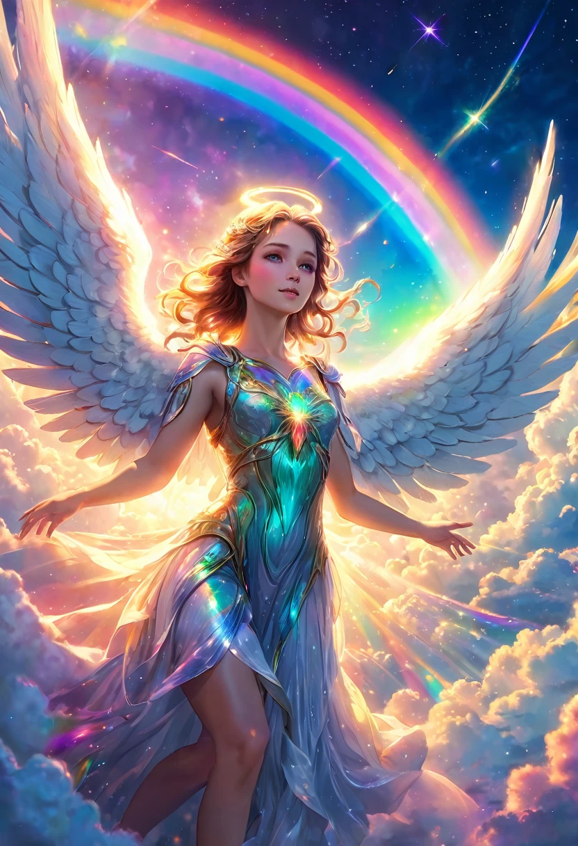 A beautiful angel, surrounded by rainbow-colored light, above the clouds, with a shooting star in the sky, detailed face and body, ethereal, glowing, cinematic lighting, vibrant colors, (best quality,8k,highres,masterpiece:1.2),ultra-detailed,(realistic,photorealistic,photo-realistic:1.37),fantasy,digital painting,dramatic lighting,volumetric lighting,cinematic composition
