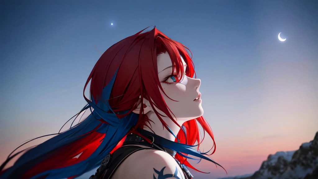 red and blue haired woman, stark, with tattoo, portrait blue night sky background with moon