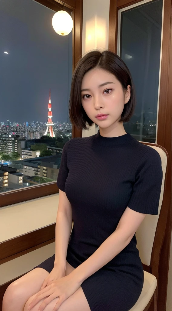 8K、High resolution、high quality、Realistic、whole body、walking、expensive、all、short hair、Brown Hair、double、woman、Late 20s、Long face、Japanese、expensive鼻、Straight nose、Mid-chest、Navy knit dress、一人のwoman、Small face、Round face、High floors、Sitting in a chair、night景、night、Tokyo Tower