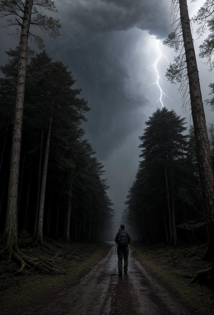 Description: A gloomy evening with dark clouds gathering in the sky and distant thunder rumbling. In a deep forest, a moss-covered path winds forward, and Jack is walking on this path. He is wearing a dark outdoor jacket, with a camera on his shoulder, looking serious and focused.
Background: Dark forest, with a faintly visible dilapidated village in the distance, dense fog enveloping the surroundings.
Character: Jack, in his 30s, short hair, medium build, wearing a dark outdoor jacket, a camera on his shoulder, holding a map, with a focused and slightly tense expression.