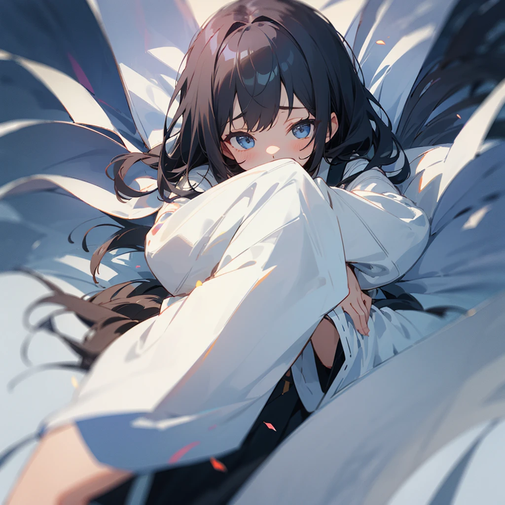 Girl、Black Hair、thin、white collar、cute、Thin lines、Hands are hidden。Moe sleeves