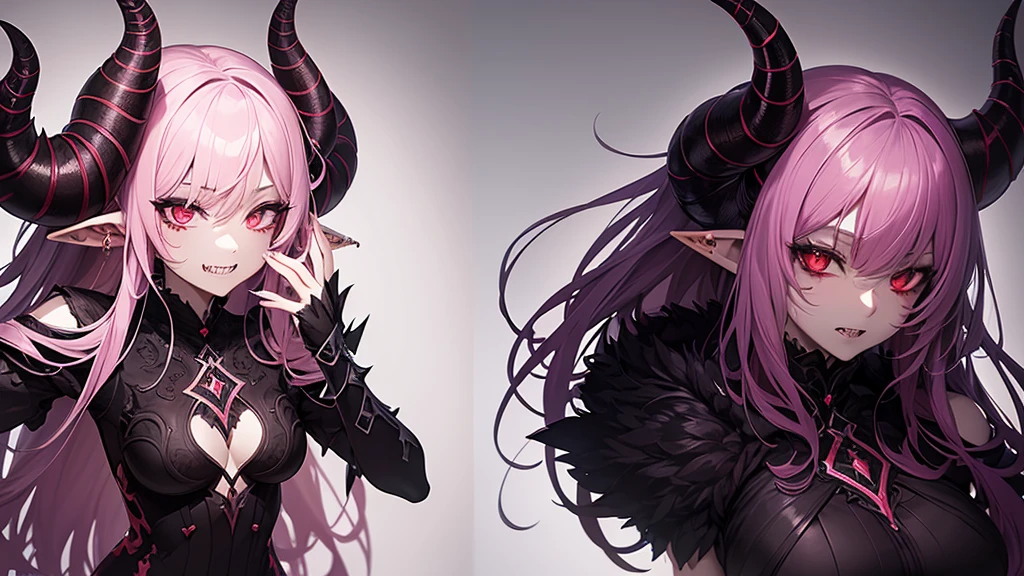 a beautiful anime devil girl, highly detailed facial features, piercing eyes, sharp teeth, horns, flowing hair, detailed intricate costume, dark mysterious background, dramatic lighting, cinematic composition, vibrant colors, digital art, concept art style