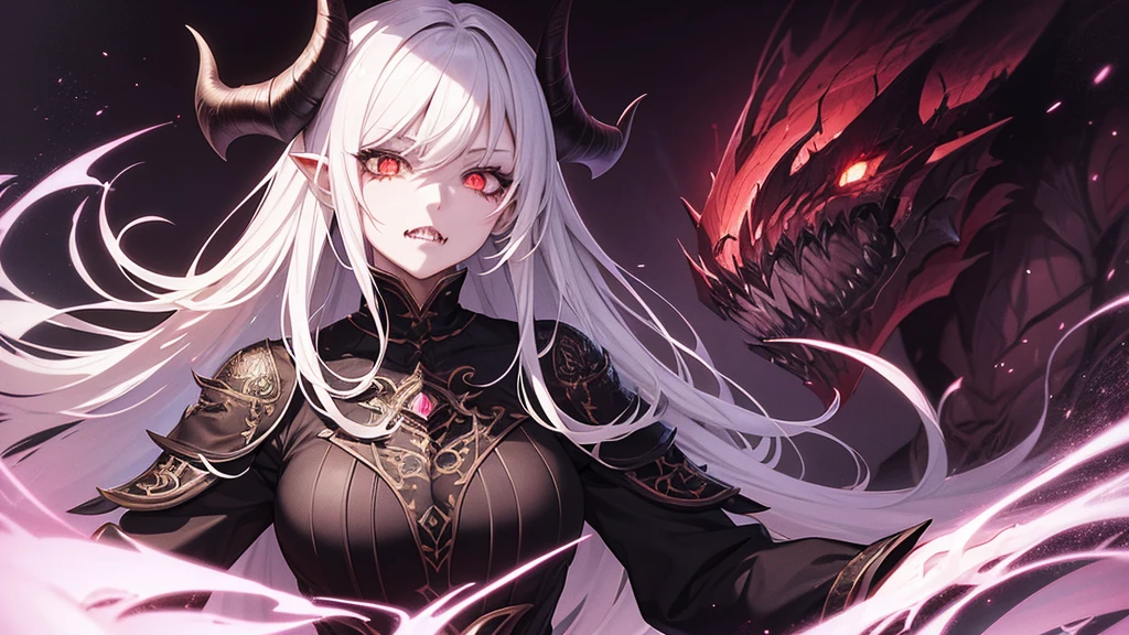 a beautiful anime devil girl, highly detailed facial features, piercing eyes, sharp teeth, horns, flowing hair, detailed intricate costume, dark mysterious background, dramatic lighting, cinematic composition, vibrant colors, digital art, concept art style