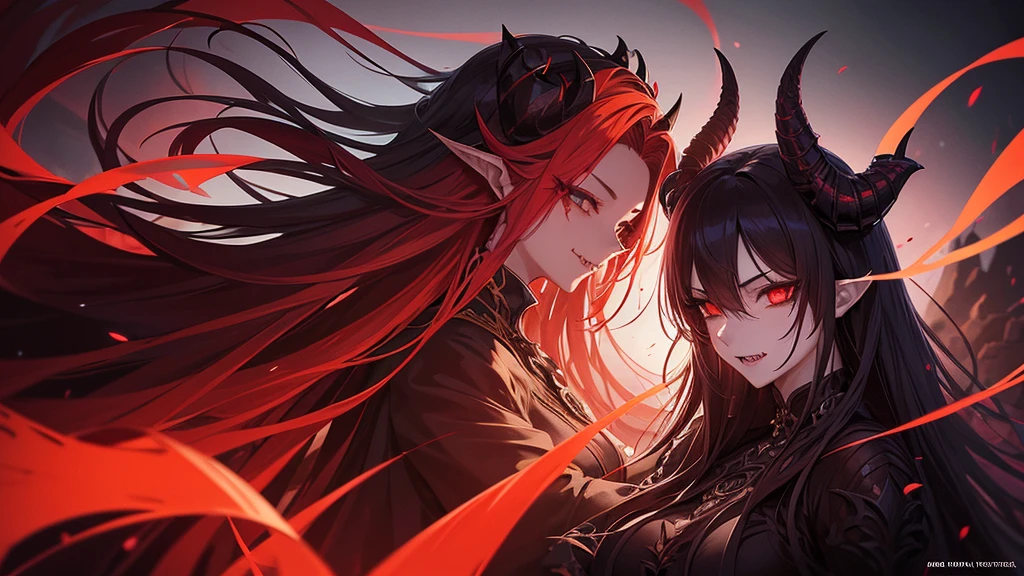 a beautiful anime devil girl, highly detailed facial features, piercing eyes, sharp teeth, horns, flowing hair, detailed intricate costume, dark mysterious background, dramatic lighting, cinematic composition, vibrant colors, digital art, concept art style