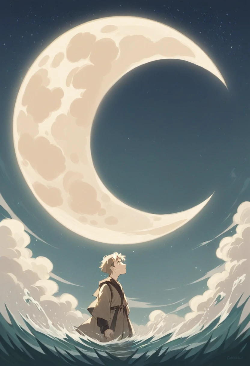 An anime-style image to match the song titled "月の光" with lyrics about the moonlight, gentle wind, and soothing sounds of the night. The image should feature a serene night scene with a bright, full moon shining in a clear starry sky. A calm ocean reflecting the moonlight, gentle waves lapping at the shore, and a soft breeze rustling through the trees. Include an anime-style character standing by the shore, looking up at the moon with a peaceful expression, as if they are lost in the beauty of the moment. The overall atmosphere should be tranquil and soothing, capturing the essence of the lyrics.
