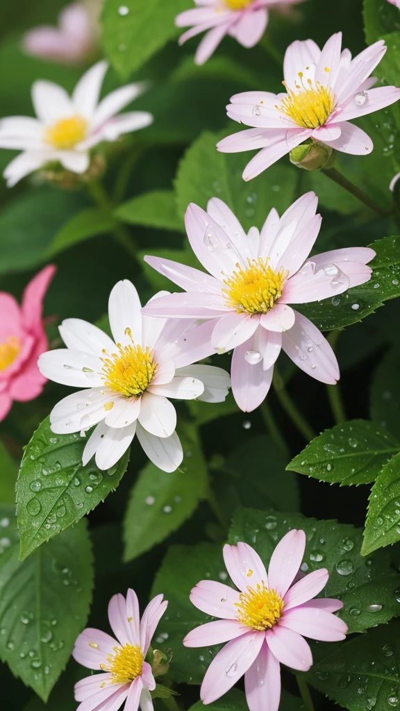 high resolution macro photography。The background is softly blurred。The flowers are fresh after the rain、Small raindrops glisten on the leaves and petals.。The drops are transparent、It reflects light and shines like a small rainbow.。The colors of the flowers are vivid、The green leaves and colorful petals are in beautiful harmony.。Natural light gently illuminates、There is an overall calm atmosphere。