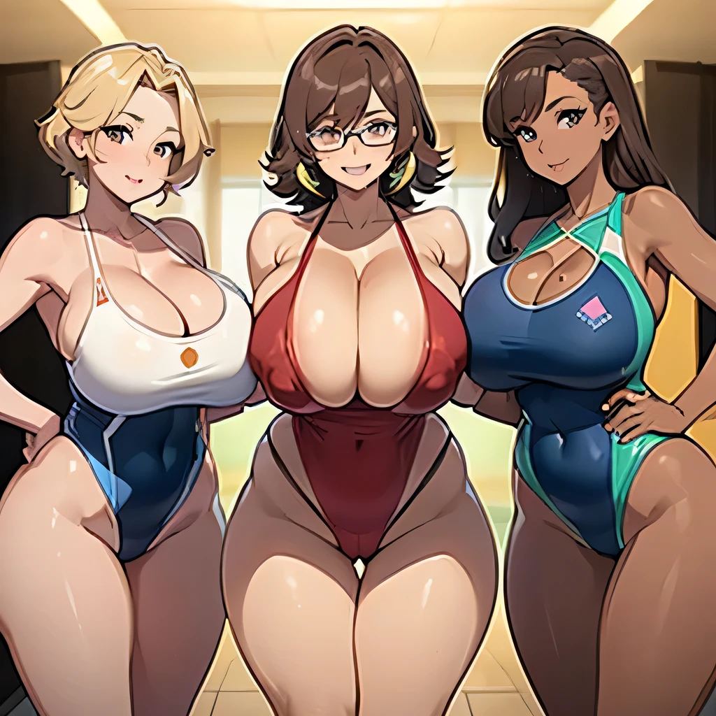 best quality, 4k, masterpiece, ultra-detailed, studio lighting, cheerful, vibrant expression, ((sexy milf trio lined up)), gigantic breasts, cleavage of the breast, a blond, teats, thighs thighs thighs thighs, racing swimsuit, very small swimsuit, swimsuit was wet, Dark skin, ladies, Brown hair, curvy body, ((sfw:1.3))