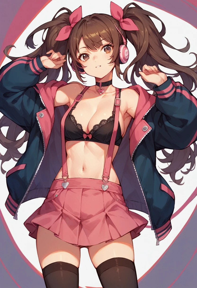riseidol, brown hair, long hair, twintails, brown eyes, hair bow, headphones, open jacket, black bra, suspenders, midriff, pink skirt, thighhighs, choker,