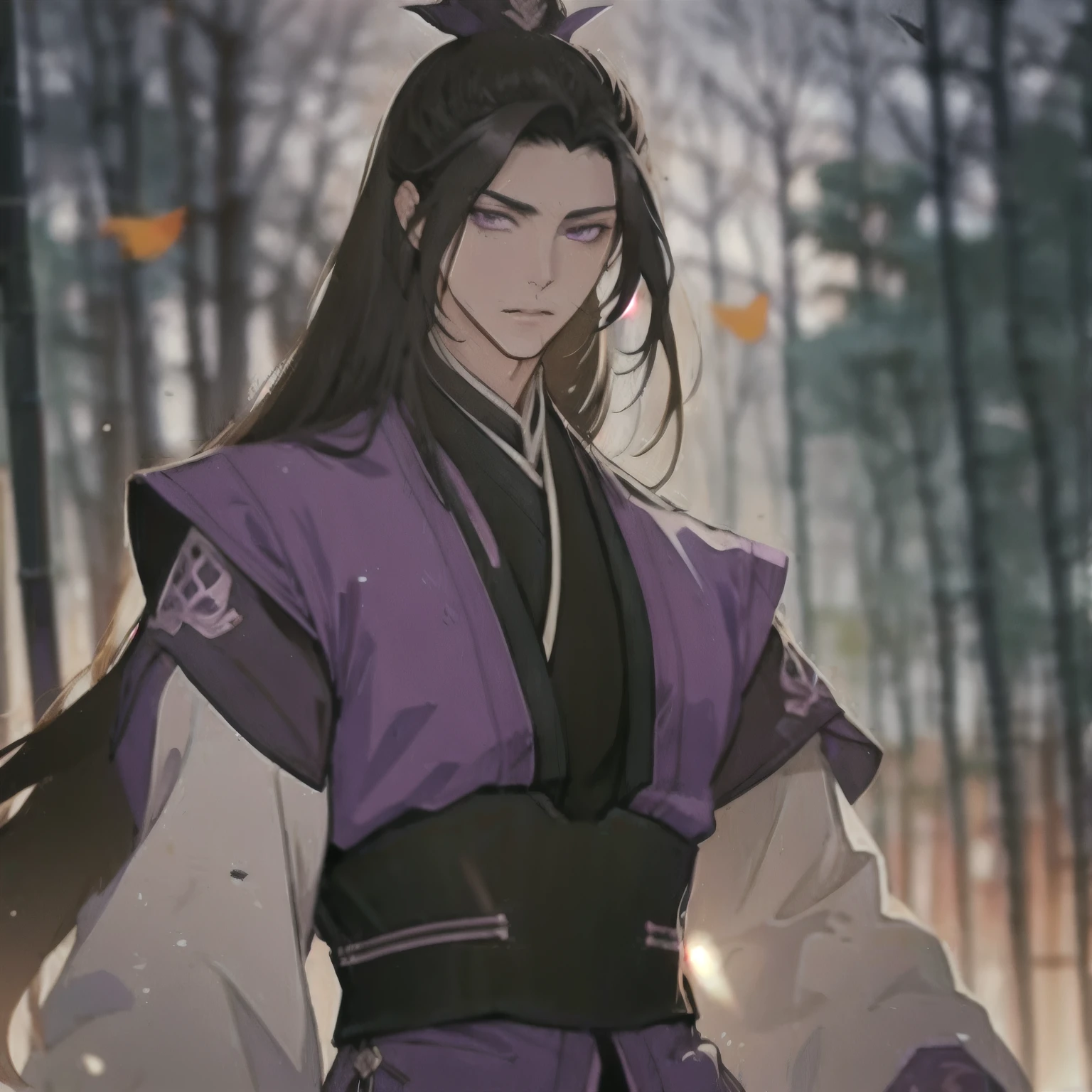 (masterpiece, best quality:1.2), 1male, solo, jiang cheng, mo dao zu shi, mdzs, purple and black clothes, purple eyes, long black hair, perfect anatomy