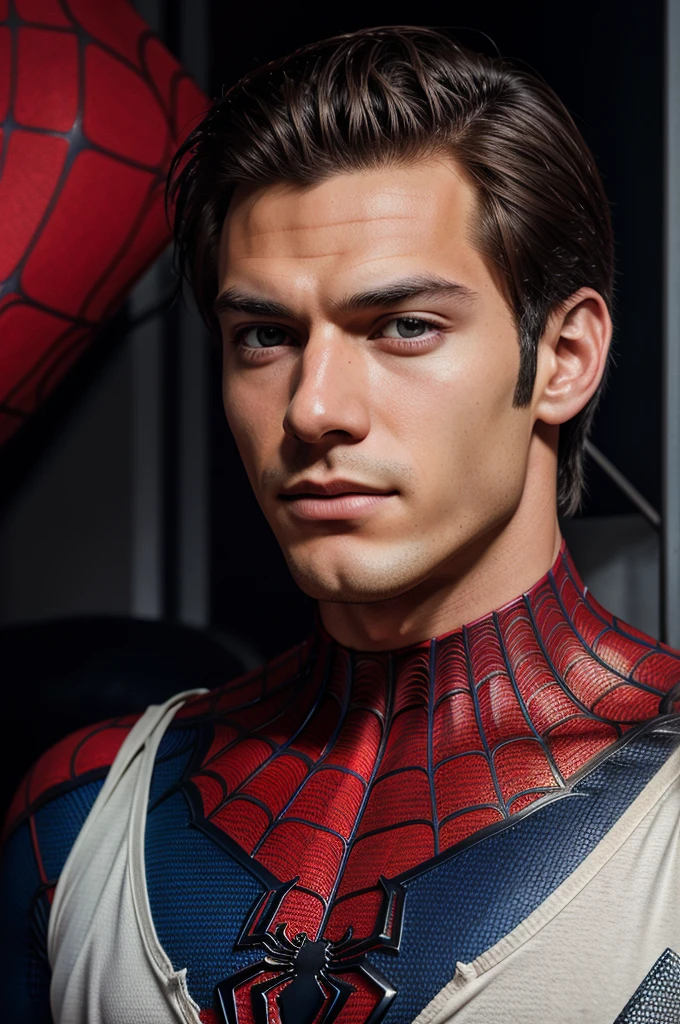 A photograph of spider man, no mask, 20 yo, handsome, detailed face, looking at camera, portrait, 8k uhd, high quality