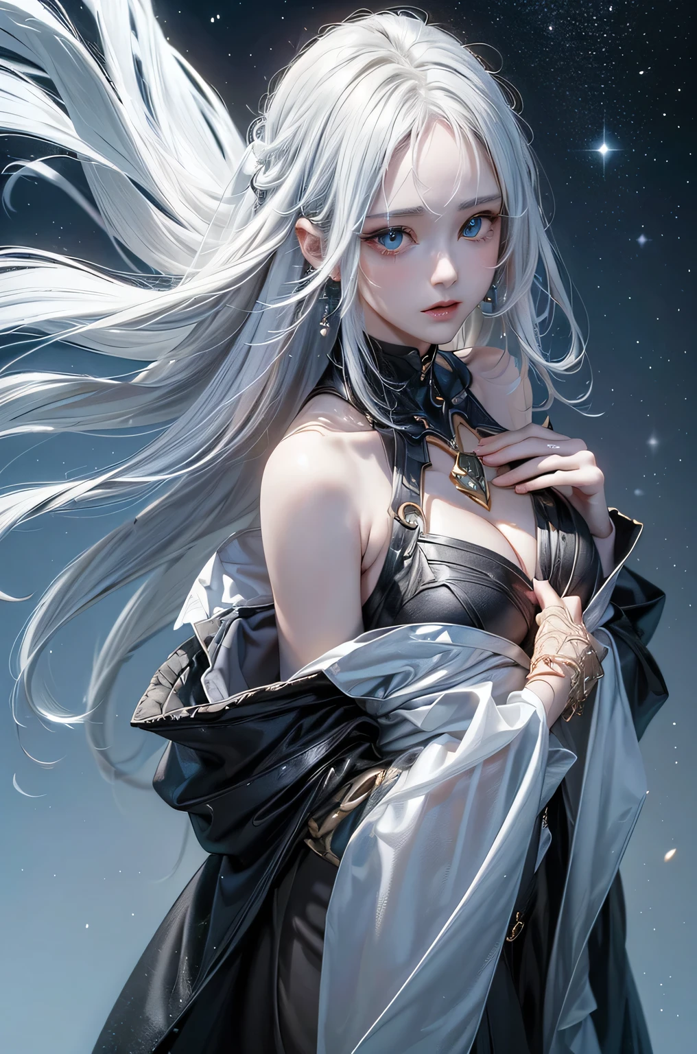 ((Image above the chest:1.5))((masterpiece:1.5、8K、Tabletop、Photorealistic and very detailed CG、Very detailed、Particle Effects、Dynamic Effects、Shallow depth of field、Cinematic Light、Lens flare、Ray Tracing、Tabletop、Realistic:1.4、Ultra-high resolution:1.2、Realistic、Realistic))((alone、,A woman wearing a black fur coat over an off-the-shoulder sweater:1.4、Elegant and sexy woman、Detailed face、brightexpression、young, bright, Whiter skin、Medium chest、Beautiful cleavage、Best Looks、ASİAN、Ultimate beauty、bright and shiny hair,、Super long, Silky straight hair、Hair dancing in the wind))(spectacular night sky、White Knight、Amazing starry sky)((shiny white hair))
