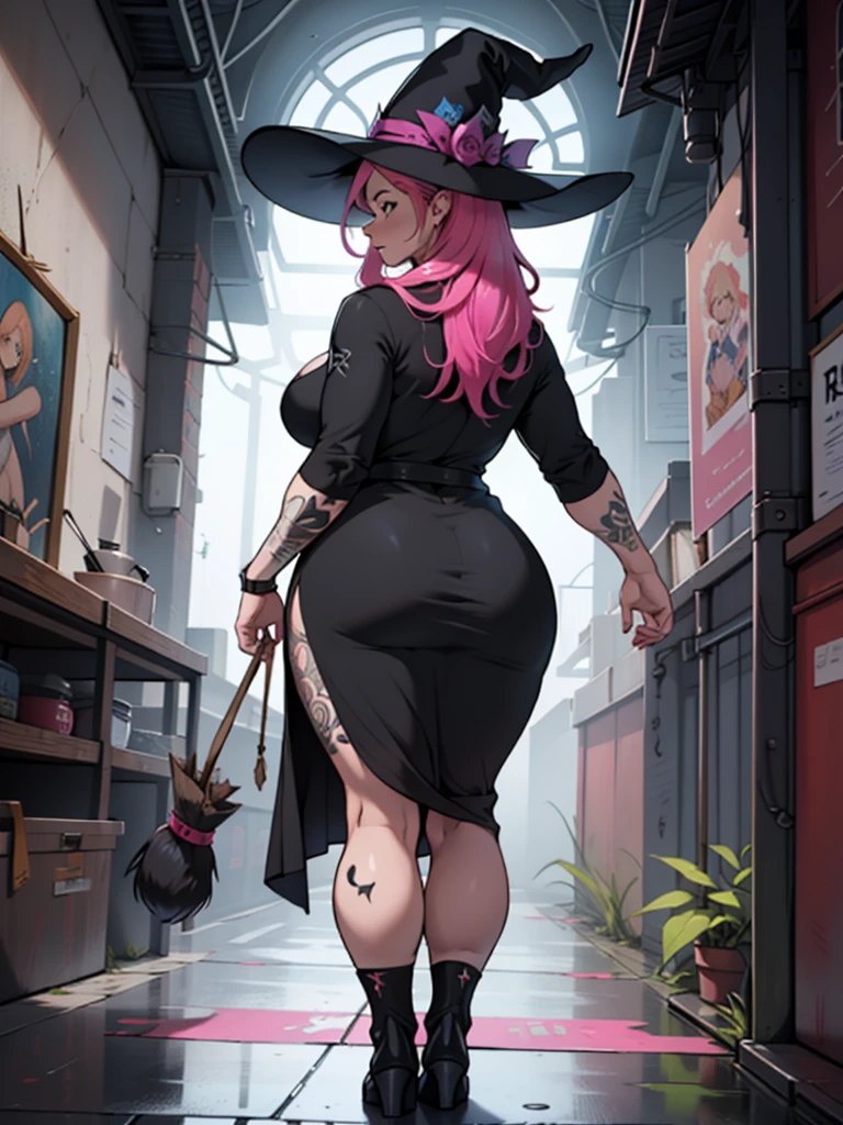 older woman, in their 30s, with long pink hair and tall, curvy body seen from behind, standing backwards, breasts big, Breasts huge, (work of art, best qualityer:1.2) wearing the legendary great black dress of the mystical sorceress, Big witch hat, standing alone, alone, cybernetic tattoo, pink massive hair