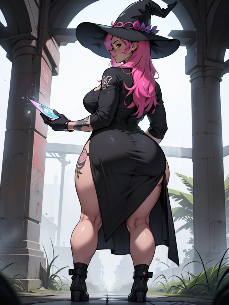 older woman, in their 30s, with long pink hair and tall, curvy body seen from behind, standing backwards, breasts big, Breasts huge, (work of art, best qualityer:1.2) wearing the legendary great black dress of the mystical sorceress, Big witch hat, standing alone, alone, cybernetic tattoo, pink massive hair