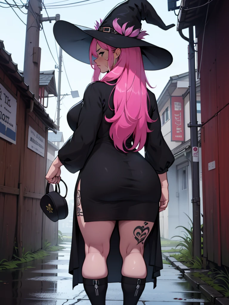 older woman, in their 30s, with long pink hair and tall, curvy body seen from behind, standing backwards, breasts big, Breasts huge, (work of art, best qualityer:1.2) wearing the legendary great black dress of the mystical sorceress, Big witch hat, standing alone, alone, cybernetic tattoo, pink massive hair