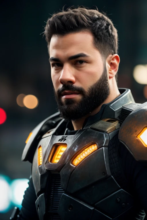 Portrait photo of muscular bearded guy in a worn mech suit, ((light bokeh)), intricate, (steel metal [rust]), elegant, sharp focus, photo by greg rutkowski, soft lighting, vibrant colors, masterpiece, ((streets)), detailed face