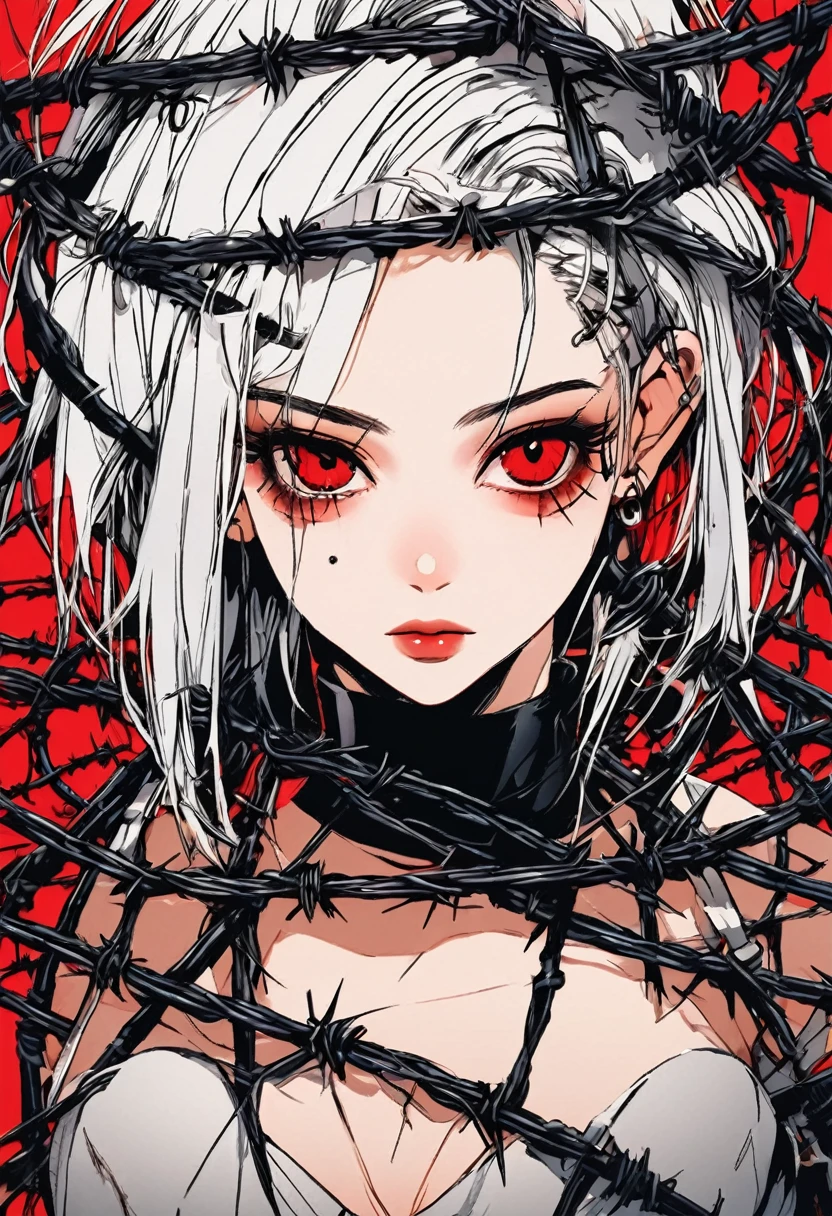 Beautiful young white-haired girl with piercing red eyes, half smile with full lips, black nails, barbed wires everywhere(coiled black barbed wires)