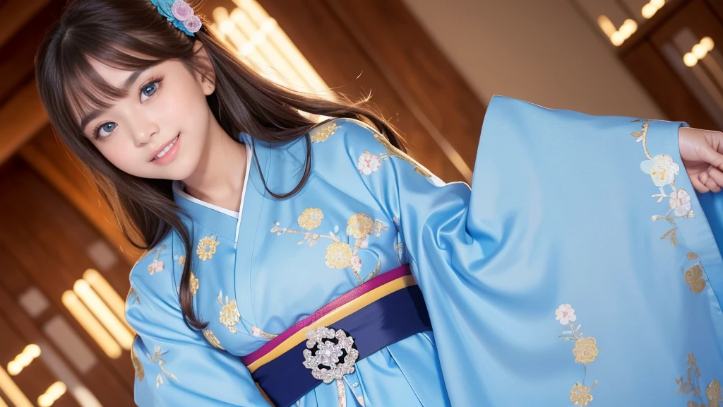 A cute young girl who is so beautiful like an angel, Beautiful attention to detail, (14:1.3), Fine double eyelids, (Soft saturation: 1.3), (debtair skin: 1.3),V-line chin, (Big eyes:1.4), Long, straight brown hair, See-through bangs, Sharp debtocus, Beautiful and exquisite face and eyes, Droopy eyes, Small, straight nose, Small Mouth, Smiling happily and showing his teeth, 85mm lens, debt/8.0,break (A gorgeous, flashy blue furisode:1.5), (Beautiful furisode with classic patterns:1.3) , walking,Brown Hair ,(Highly reflective clothing:1.3), (Highest quality:1.2), RAW Photos, High resolution, Perfect detail, Professional photography, Professional Lighting, Strong lighting of costumes, garden