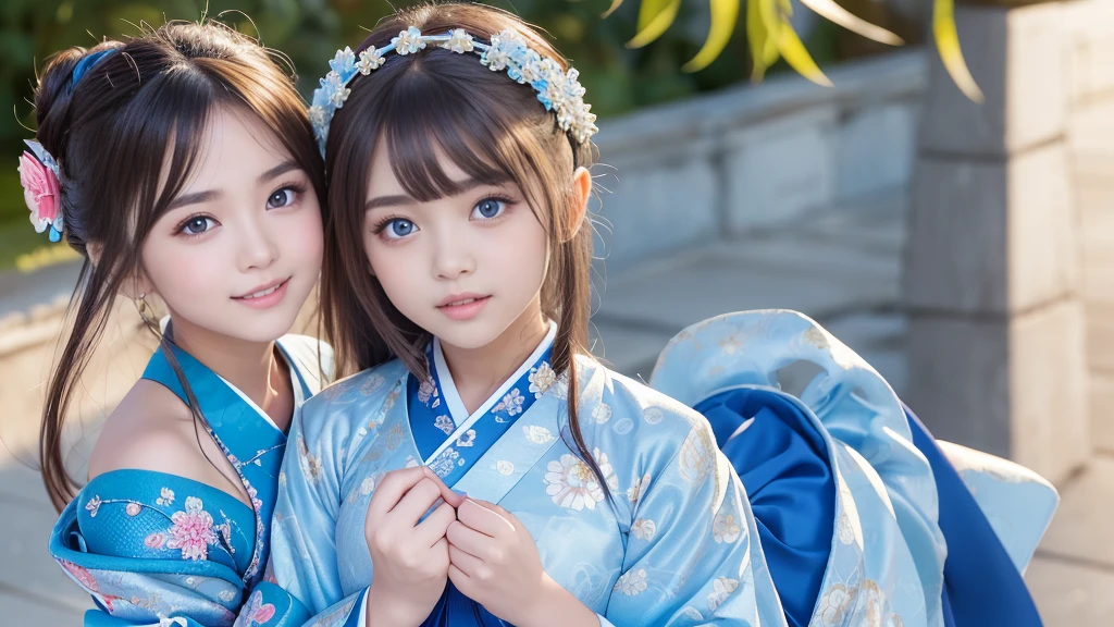 A cute young girl who is so beautiful like an angel, Beautiful attention to detail, (14:1.3), Fine double eyelids, (Soft saturation: 1.3), (debtair skin: 1.3),V-line chin, (Big eyes:1.4), Long, straight brown hair, See-through bangs, Sharp debtocus, Beautiful and exquisite face and eyes, Droopy eyes, Small, straight nose, Small Mouth, Smiling happily and showing his teeth, 85mm lens, debt/8.0,break (A gorgeous, flashy blue furisode:1.5), (Beautiful furisode with classic patterns:1.3) , walking,Brown Hair ,(Highly reflective clothing:1.3), (Highest quality:1.2), RAW Photos, High resolution, Perfect detail, Professional photography, Professional Lighting, Strong lighting of costumes, garden