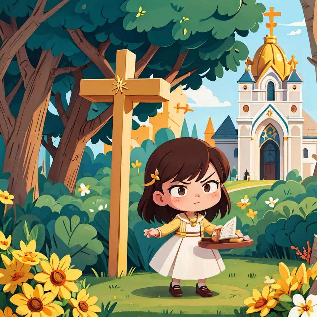 A angry girl during her first communion at a Catholic church, with beautiful brown hair. (best quality, detailed), church setting, traditional Catholic attire, super angry expression, golden sunlight, elegant dress, floral decorations, specific architectural details, cross necklace, communion host.