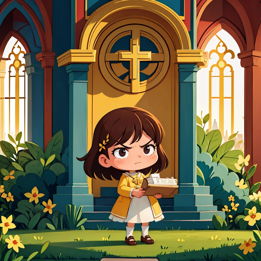 A angry girl during her first communion at a Catholic church, with beautiful brown hair. (best quality, detailed), church setting, traditional Catholic attire, super angry expression, golden sunlight, elegant dress, floral decorations, specific architectural details, cross necklace, communion host.