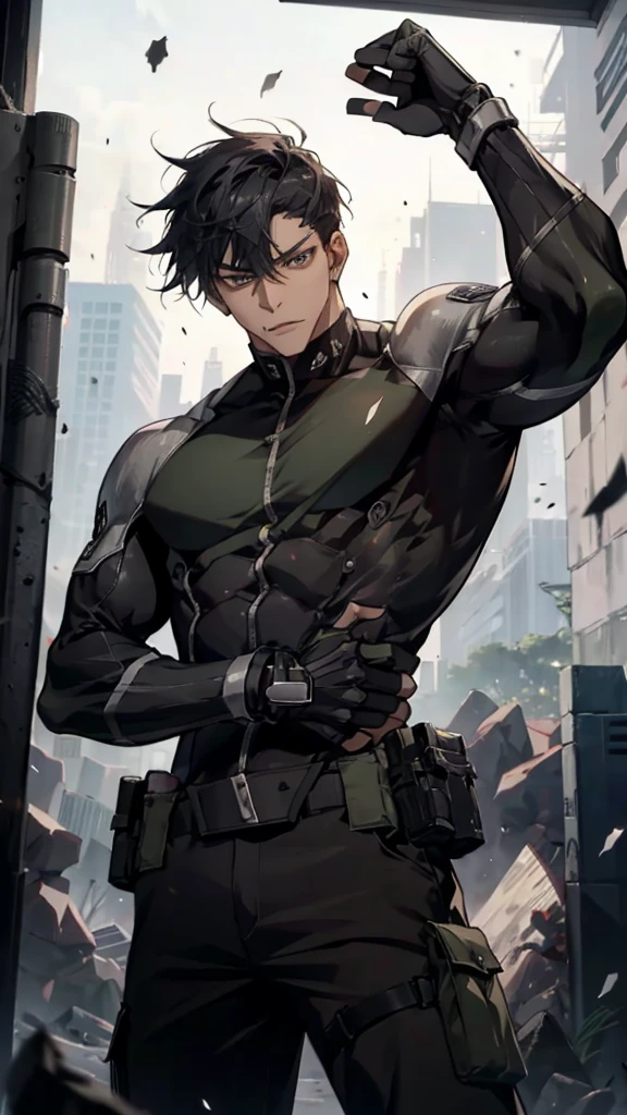 A strong and athletic man named Xiang Long is inside a modern, abandoned building, suited for a survival game. He is dressed in a tactical workout outfit consisting of a fitted, moisture-wicking shirt and durable cargo pants that allow for maximum movement. His shoes are rugged and designed for agility. Xiang Long's hair is styled for practicality, and he wears fingerless gloves for a better grip. He has a utility belt equipped with survival tools. He stands in a confident, cool pose with one hand on his hip and the other holding a tactical knife, his muscles prominently defined. The background features a dimly lit hallway with flickering lights, broken windows, and scattered debris, creating a sense of imminent danger. Xiang Long looks ready and alert, exuding a powerful and commanding presence.