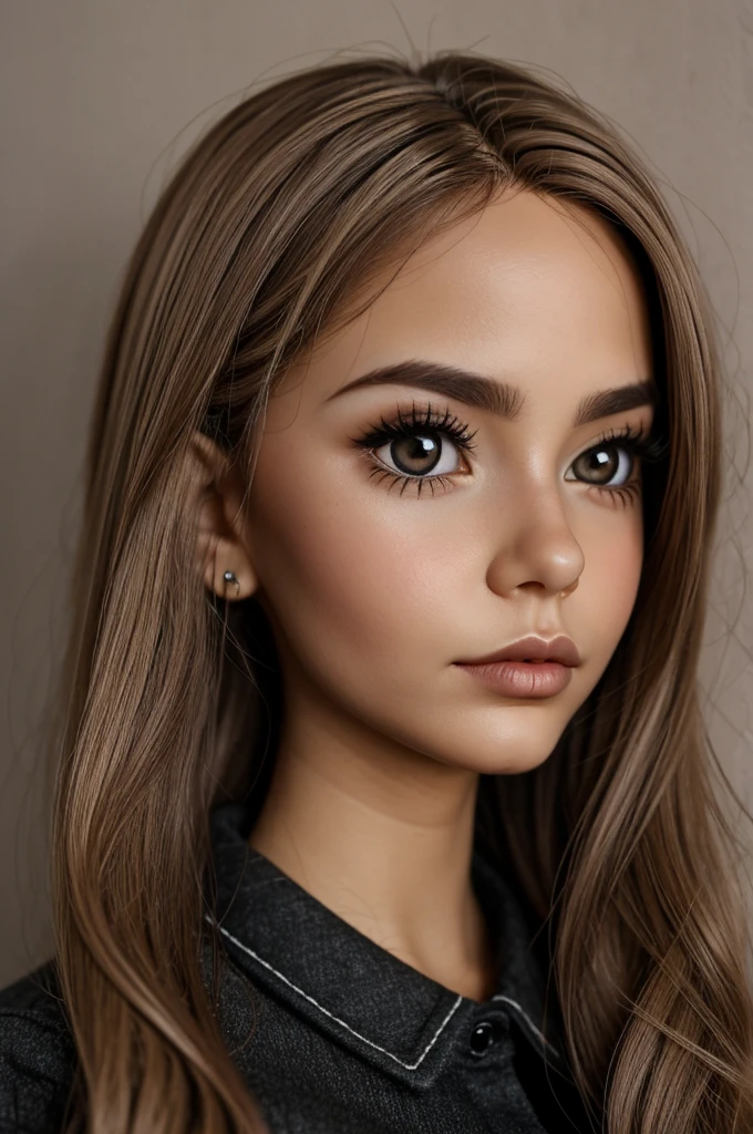 blythe doll dark blonde hair, mole above the lip, right side lip piercing, Brown eyes