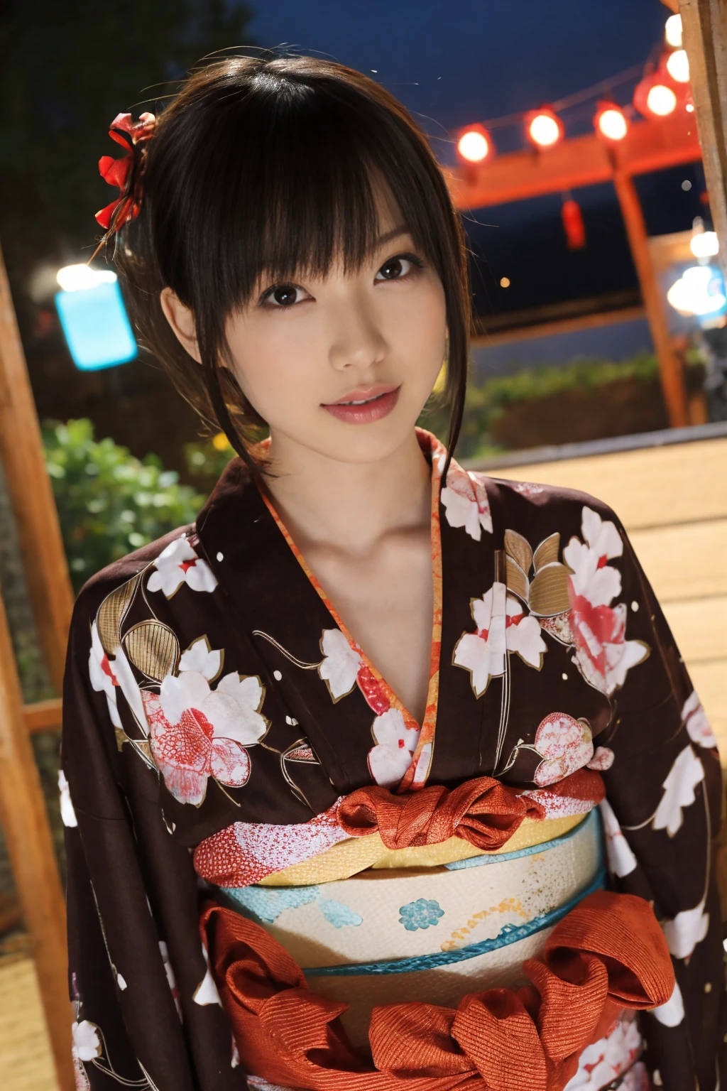 1 woman, short bob, 28 years old, Japanese, brown eyes, brown hair, slim figure, flat chest,
Blake
See-through yukata, summer festival, night, 