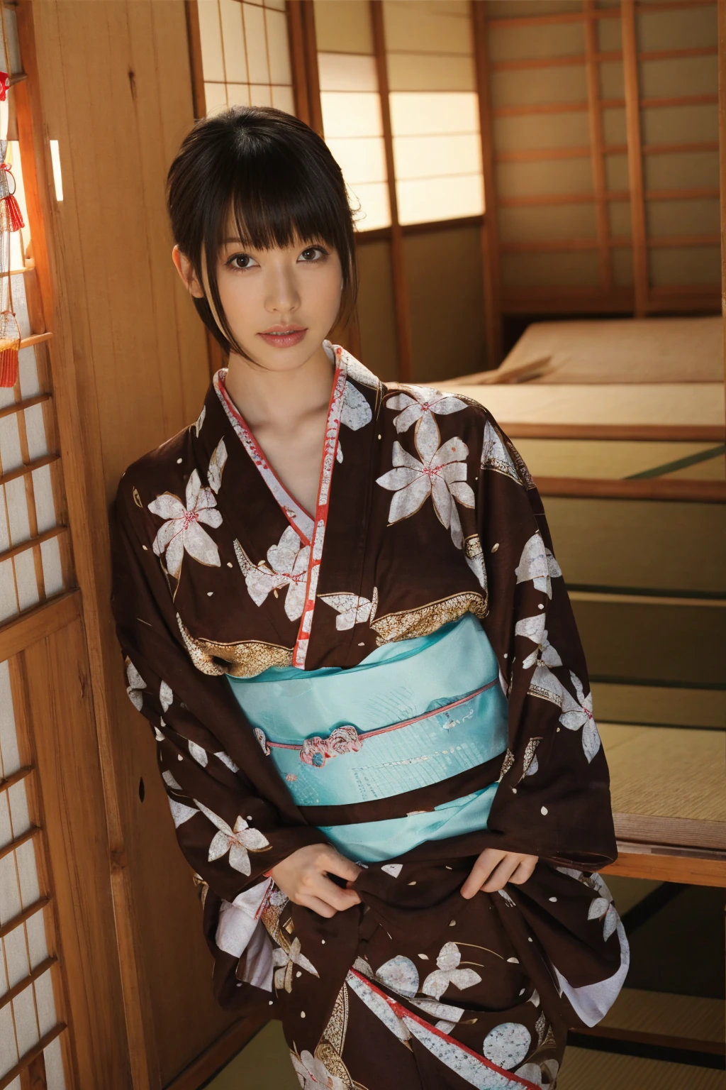 1 woman, short bob, 28 years old, Japanese, brown eyes, brown hair, slim figure, flat chest,
Blake
See-through yukata, summer festival, night,
