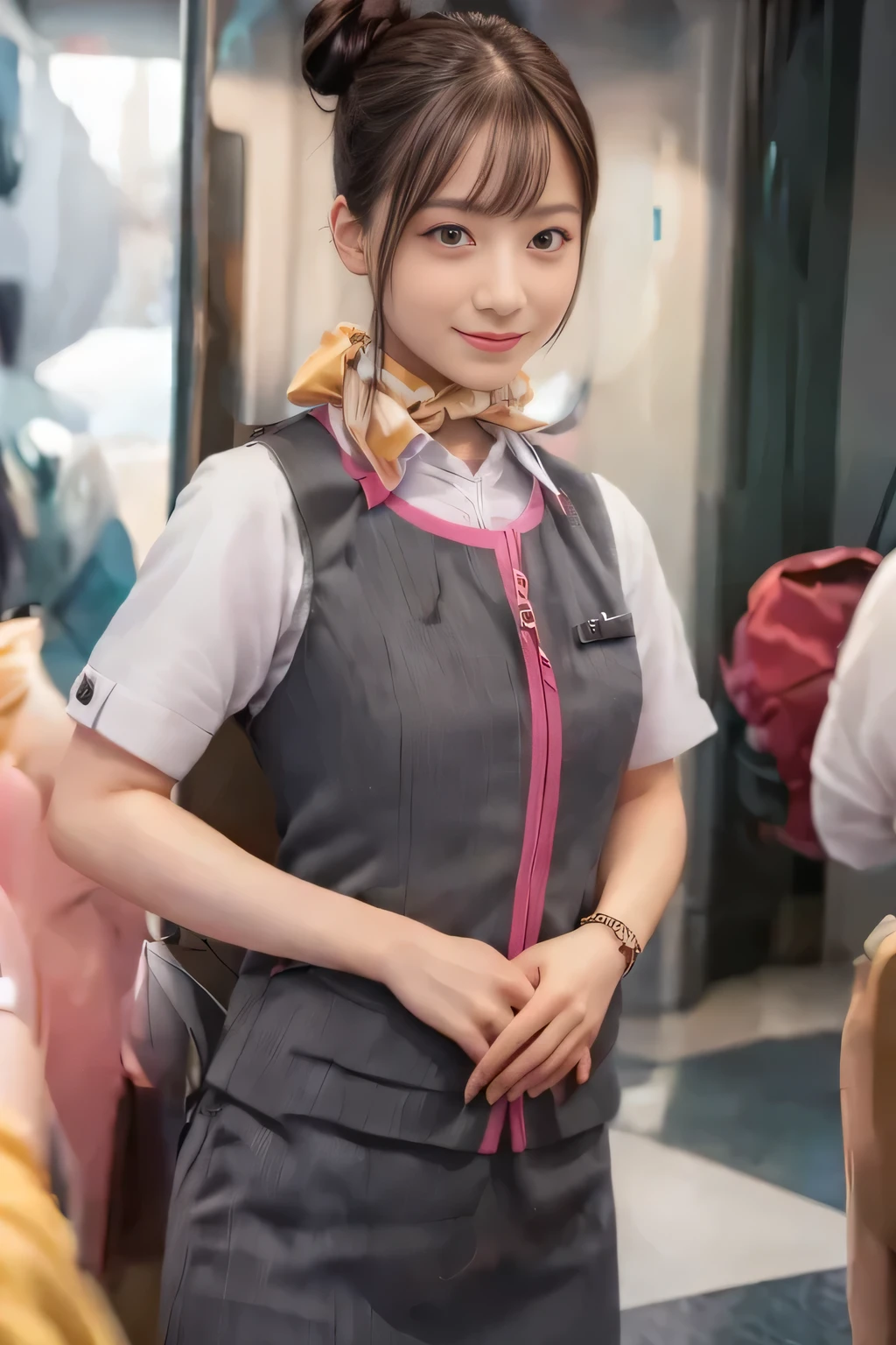 (masterpiece:1.2, Highest quality:1.2), 32k HDR, High resolution, (alone、1 Girl)、(Ride the bullet train、Professional Lighting)、Background in the car、(Realistic style of JR Gran Class crew uniform)、Short sleeve blouse、a scarf around the neck、(JR Gran Class flight attendant uniform with pink parts on the skirt sleeves)、(The uniform of a flight attendant in JR Gran Class has a pink line on the front zipper of the vest.)、Dark brown hair、(Hair tied up、Hair Bun、Hair Bun)、Dark brown hair、Long Shot、Big Breasts、((Great hands:2.0)),((Harmonious body proportions:1.5)),((Normal limbs:2.0)),((Normal finger:2.0)),((Delicate eyes:2.0)),((Normal eyes:2.0)))、Luxury Necklace、smile、Beautiful standing posture,