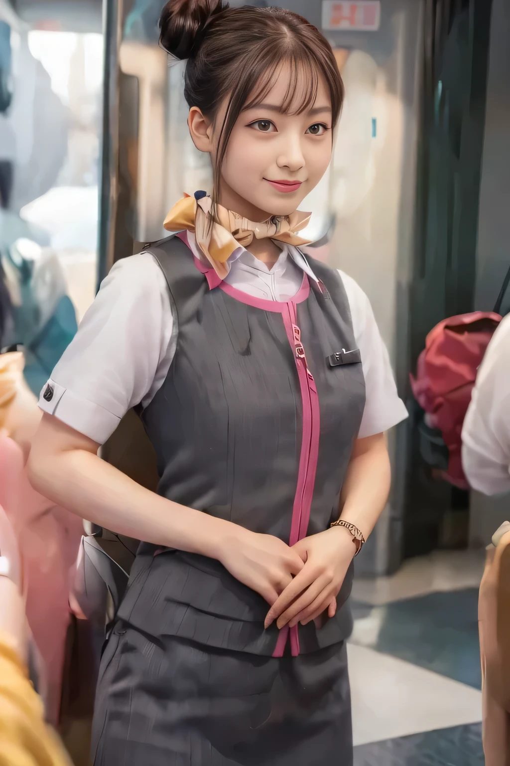 (masterpiece:1.2, Highest quality:1.2), 32k HDR, High resolution, (alone、1 Girl)、（Ride the bullet train、Professional Lighting）、Background in the car、（Realistic style of JR Gran Class crew uniform）、Short sleeve blouse、a scarf around the neck、（JR Gran Class flight attendant uniform with pink parts on the skirt sleeves）、（The uniform of a flight attendant in JR Gran Class has a pink line on the front zipper of the vest.）、Dark brown hair、（Hair tied up、Hair Bun、Hair Bun）、Dark brown hair、Long Shot、Big Breasts、（（Great hands：2.0）），（（Harmonious body proportions：1.5）），（（Normal limbs：2.0）），（（Normal finger：2.0）），（（Delicate eyes：2.0）），（（Normal eyes：2.0））)、Luxury Necklace、smile、Beautiful standing posture,