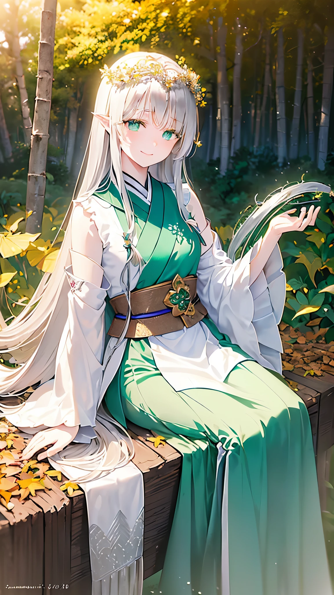 name: Varnia Leafwhisper
Element: VERDANTHIA
Description: A serene and powerful guardian of nature. With emerald green eyes and long, flowing violet hair, Varnia may be sought out by travelers in need, as her restorative powers and wisdom extend beyond her graceful facade.
Prompt: ((((otosetime, artistic rendition, realistic male, sitting, (long silver hair), ((emerald green eyes:0.9)), paleskinned, (((detailed face:1)))), (calm face), close-up face shot, forest background, hemisphere angle, projected light on face)), 1woman, Age: 40, {{cinamori_The same}}, floral crown, wearing green kimono, holding a bamboo staff, small cat sitting on her lap, autumn leaves surrounding ja真平)), ((smiling with benefit of an attractive, slight sunbeam highlight atop the head))