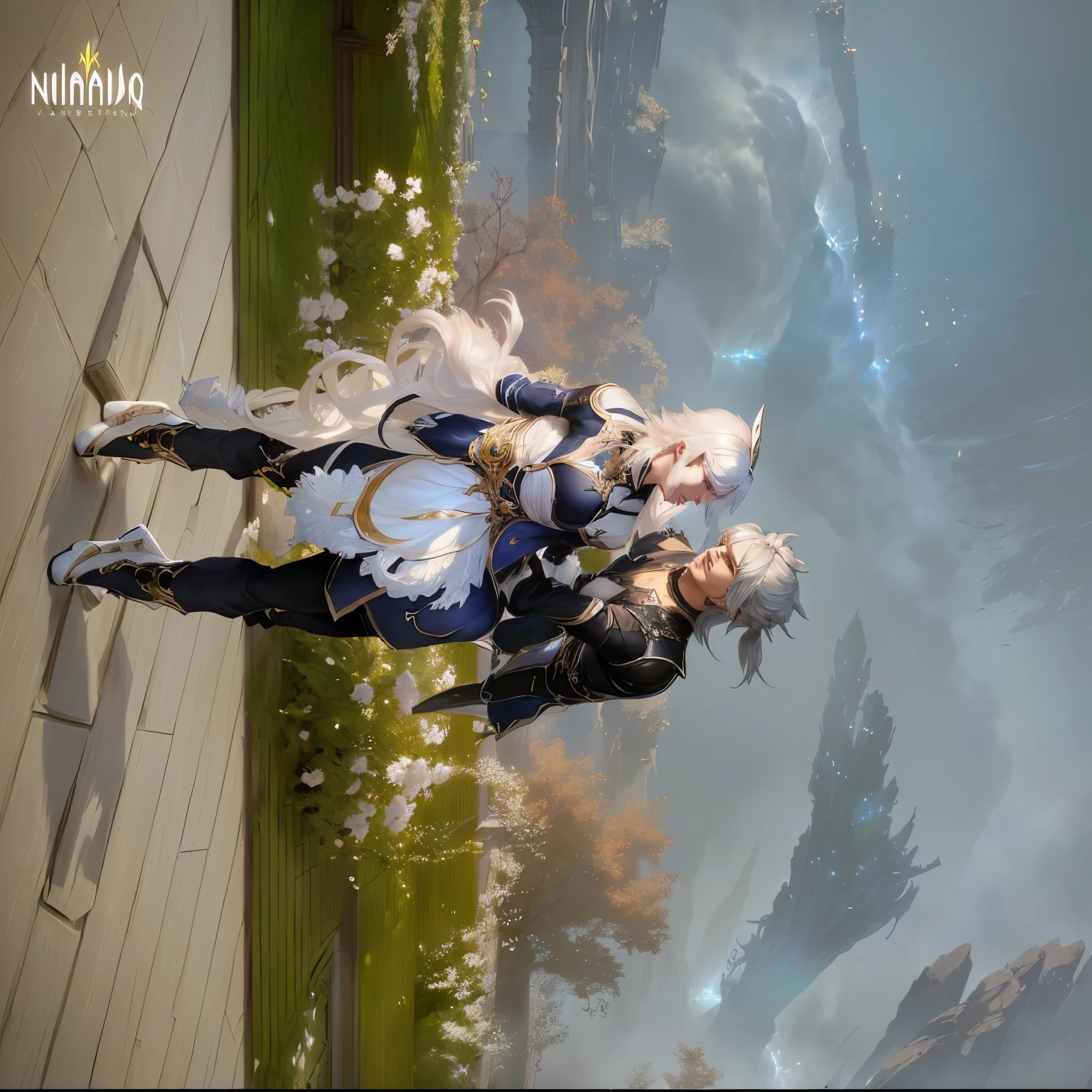 there are two people dressed in costumes standing next to each other, thancred waters in style of wlop, from lineage 2, lineage 2 revolution style, aion, from ncsoft, asya yoranova and alan lee, thancred waters, <mmorpgs scene, ruan jia and brom, nixeu and sakimichan, HD