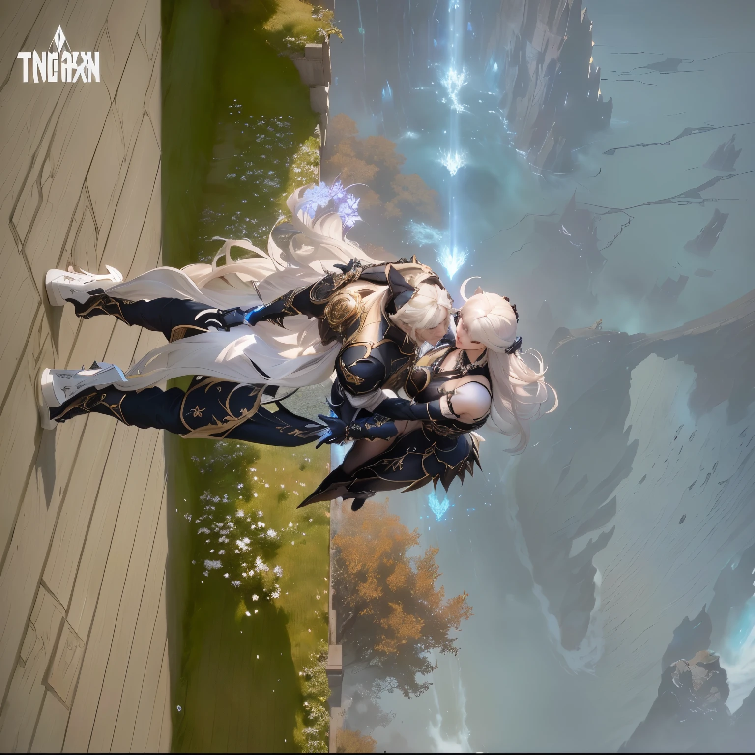 there are two people dressed in costumes standing next to each other, thancred waters in style of wlop, from lineage 2, lineage 2 revolution style, aion, from ncsoft, asya yoranova and alan lee, thancred waters, <mmorpgs scene, ruan jia and brom, nixeu and sakimichan, HD