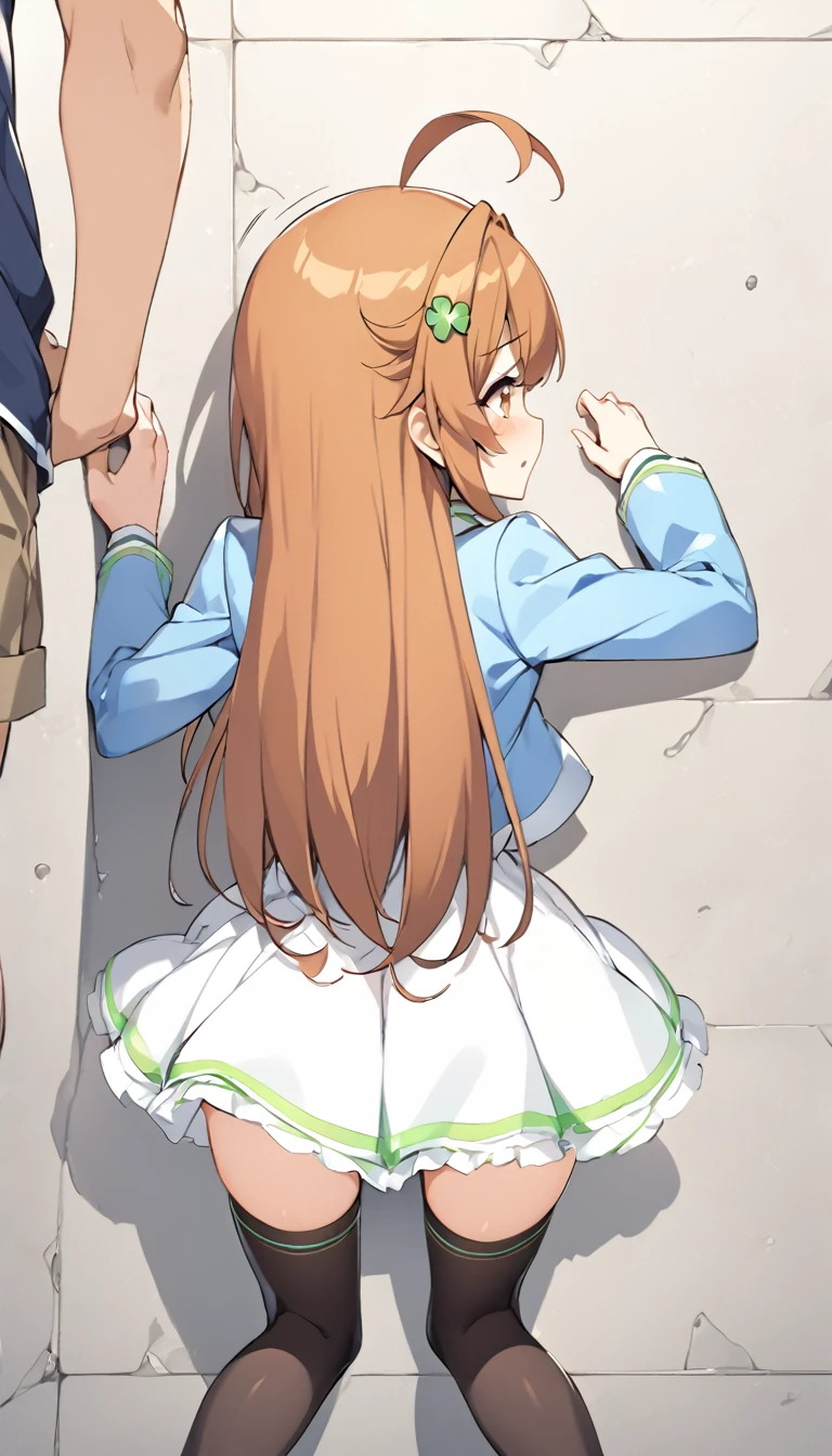 brown eyes,long hair,clover hair ornament,ahoge,blue jacket,white dress, long sleeves,green bow, black thighhighs,sneakers,amamiya mimori,dress lift, panties,indoor,slender legs,flustration,shadow, befind wall,doggystyle sex,boy grabbing hip, penis,hand on wall,press penis,