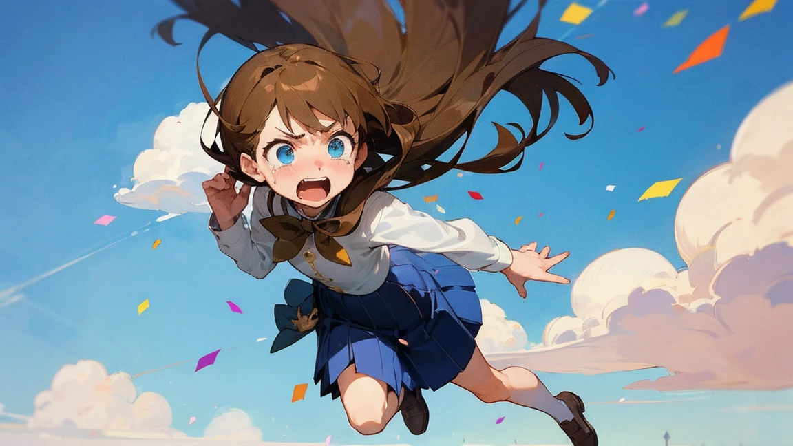 ((Highest quality)), ((masterpiece)), ((Very detailed)),Floatingする女の子,Angry expression,floating,Floating,Confetti,Brown Hair,tears,Levitating,Blue sky background,Feet in the air,tears,gravity,Long skirt,loafers,Raise both hands