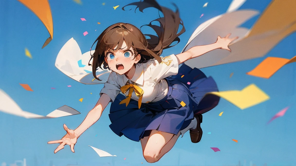 ((Highest quality)), ((masterpiece)), ((Very detailed)),Floatingする女の子,Angry expression,floating,Floating,Confetti,Brown Hair,tears,Levitating,Blue sky background,Feet in the air,tears,gravity,Long skirt,loafers,Raise both hands