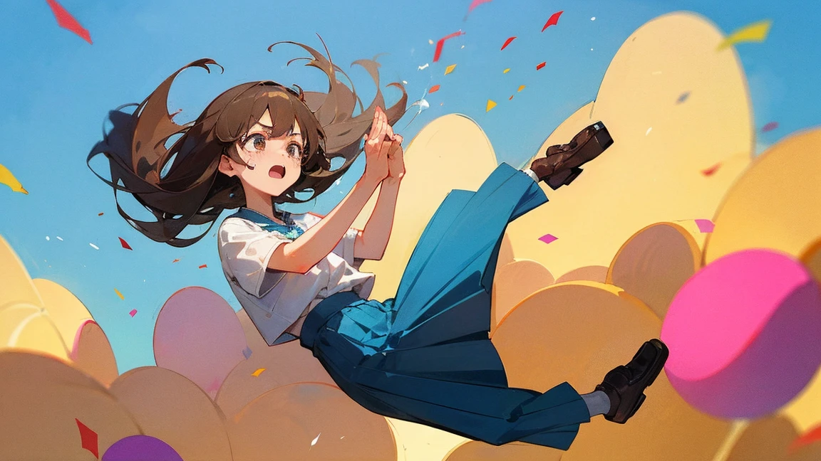 ((Highest quality)), ((masterpiece)), ((Very detailed)),Floatingする女の子,Angry expression，floating，Floating，Confetti，Brown Hair,tears,Levitating,Blue sky background,Feet in the air,tears,gravity,Long skirt,loafers,Raise both hands