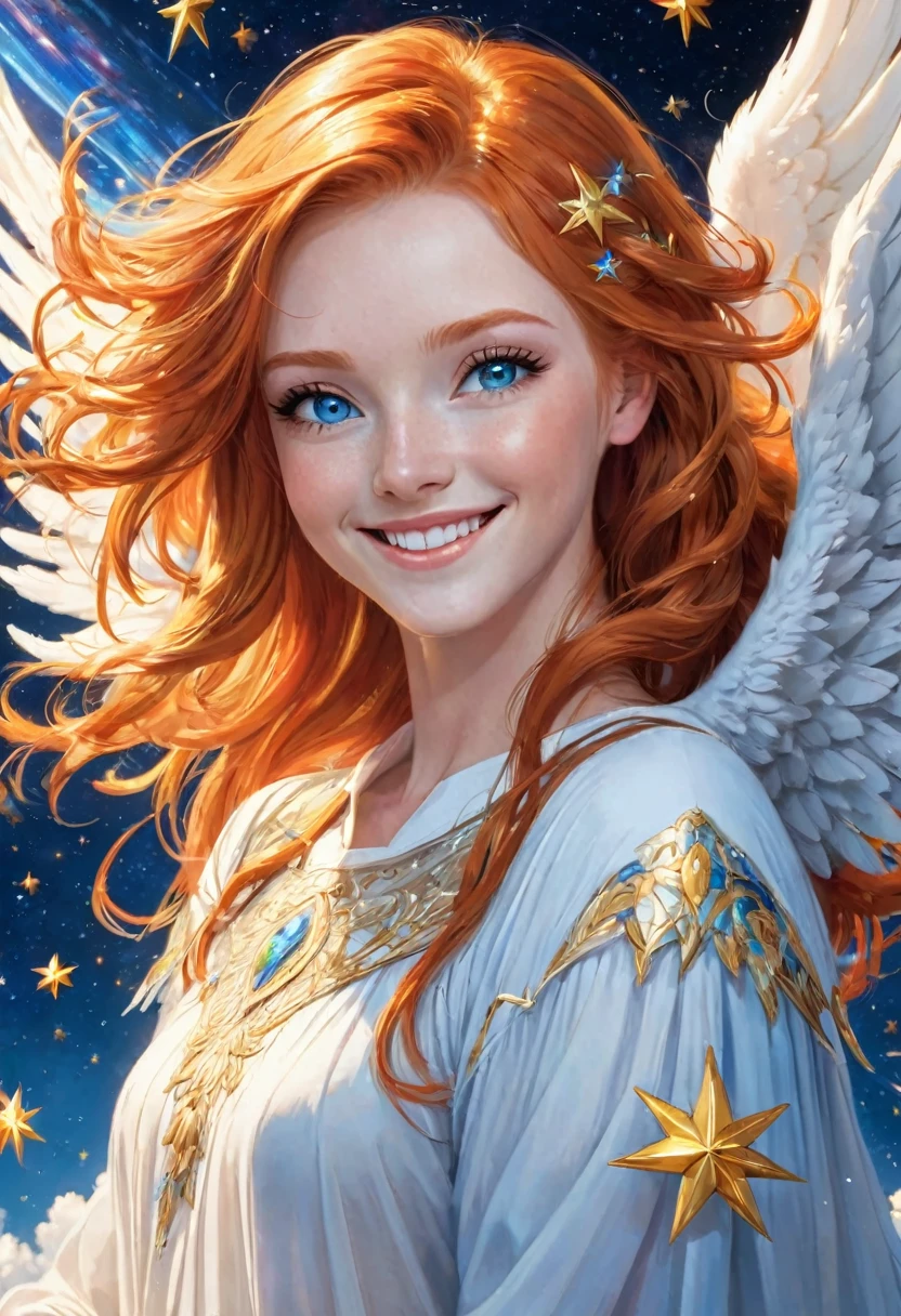 Close-up of smiling beautiful angel, ginger hair, blue eyes, heaven, above the clouds, colorful shooting stars, earth