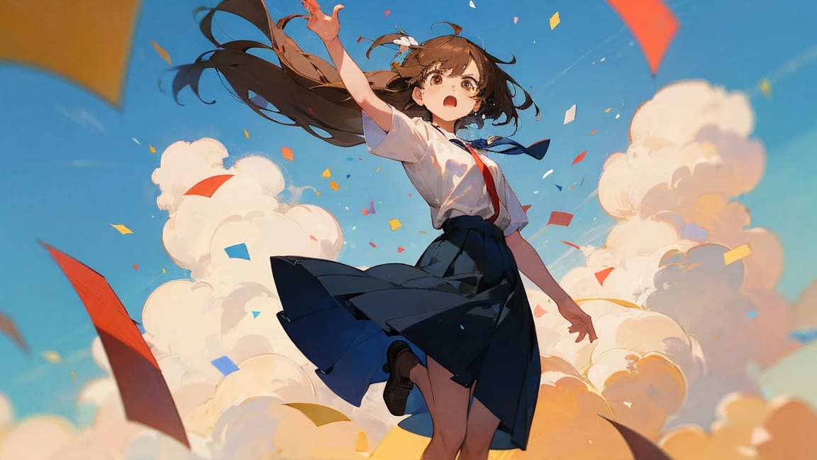 ((Highest quality)), ((masterpiece)), ((Very detailed)),Floatingする女の子,Angry expression，floating，Floating，Confetti，Brown Hair,tears,Levitating,Blue sky background,Feet in the air,tears,gravity,Long skirt,loafers,Raise both hands