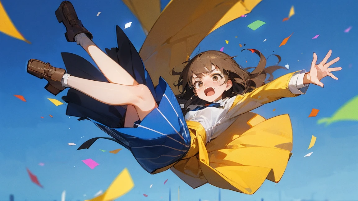 ((Highest quality)), ((masterpiece)), ((Very detailed)),Floatingする女の子,Angry expression，floating，Floating，Confetti，Brown Hair,tears,Levitating,Blue sky background,Feet in the air,tears,gravity,Long skirt,loafers,Raise both hands