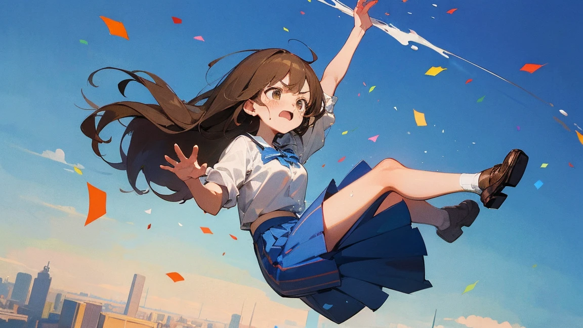 ((Highest quality)), ((masterpiece)), ((Very detailed)),Floatingする女の子,Angry expression，floating，Floating，Confetti，Brown Hair,tears,Levitating,Blue sky background,Feet in the air,tears,gravity,Long skirt,loafers,Raise both hands